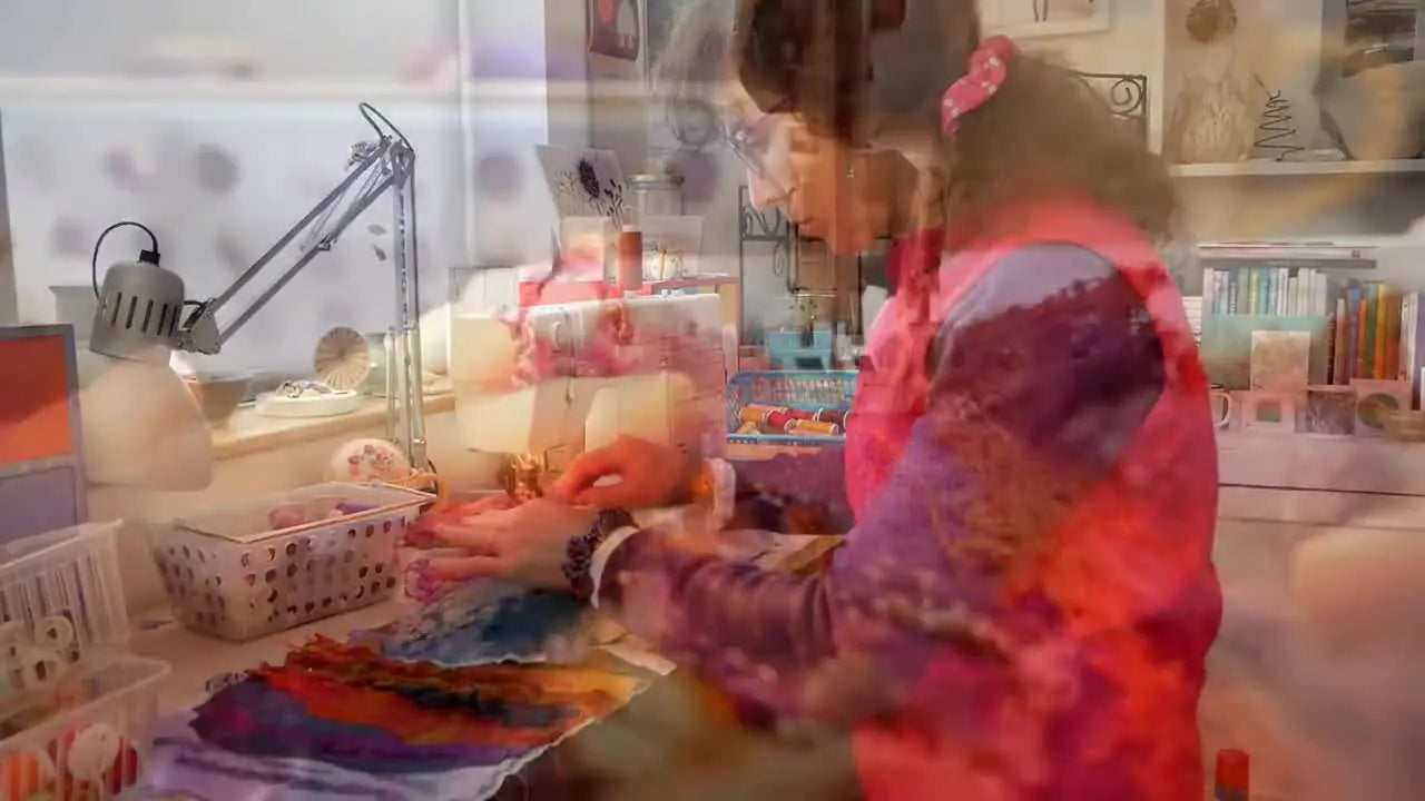 Close-up of hands guiding layered, textured fabrics under a sewing machine's needle, with purple and orange threads forming stitches.