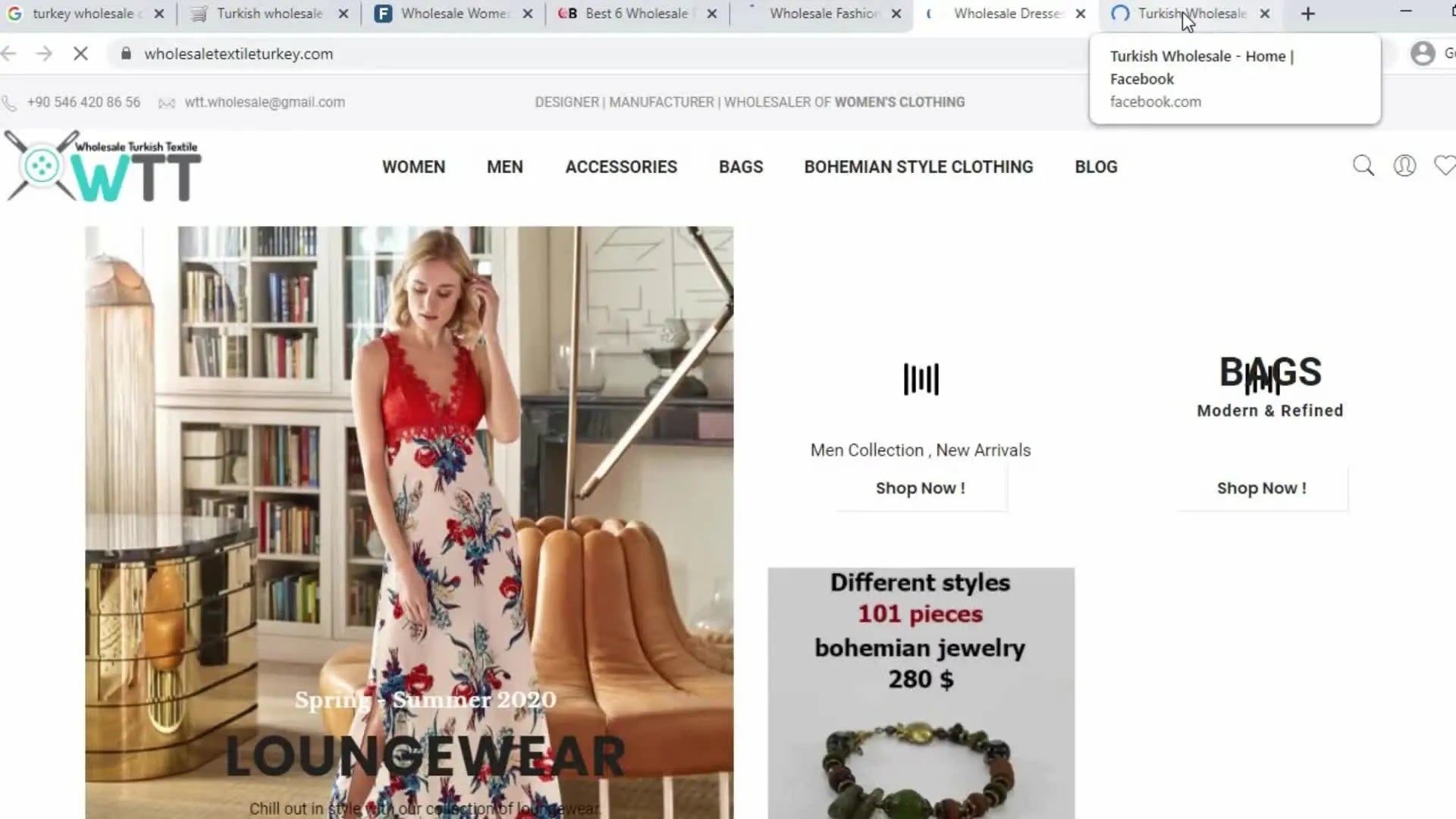 Screenshot of a Facebook page for 'Turkish Wholesale' displaying clothing products and contact information.