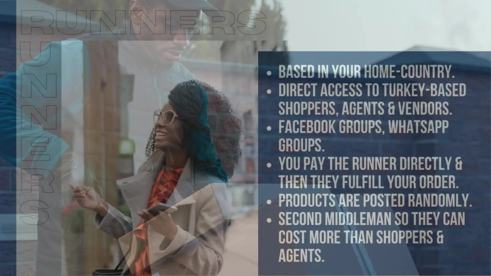 A woman walking on a street, looking at her phone, with a text overlay describing 'RUNNERS' based in the home country.