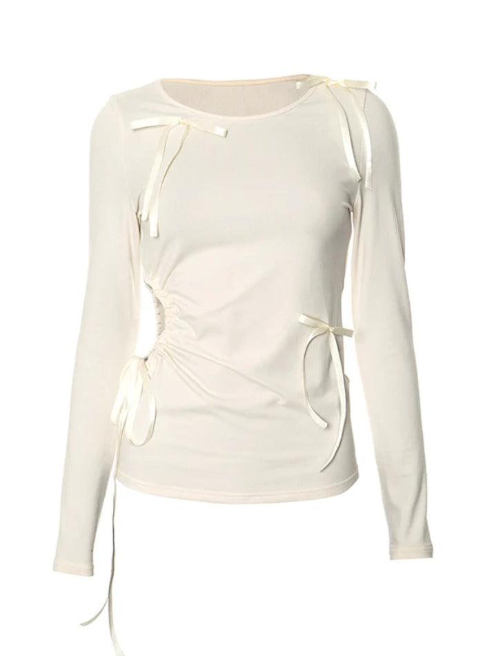Bow Decor Cutout Ruched Long Sleeve Tee
