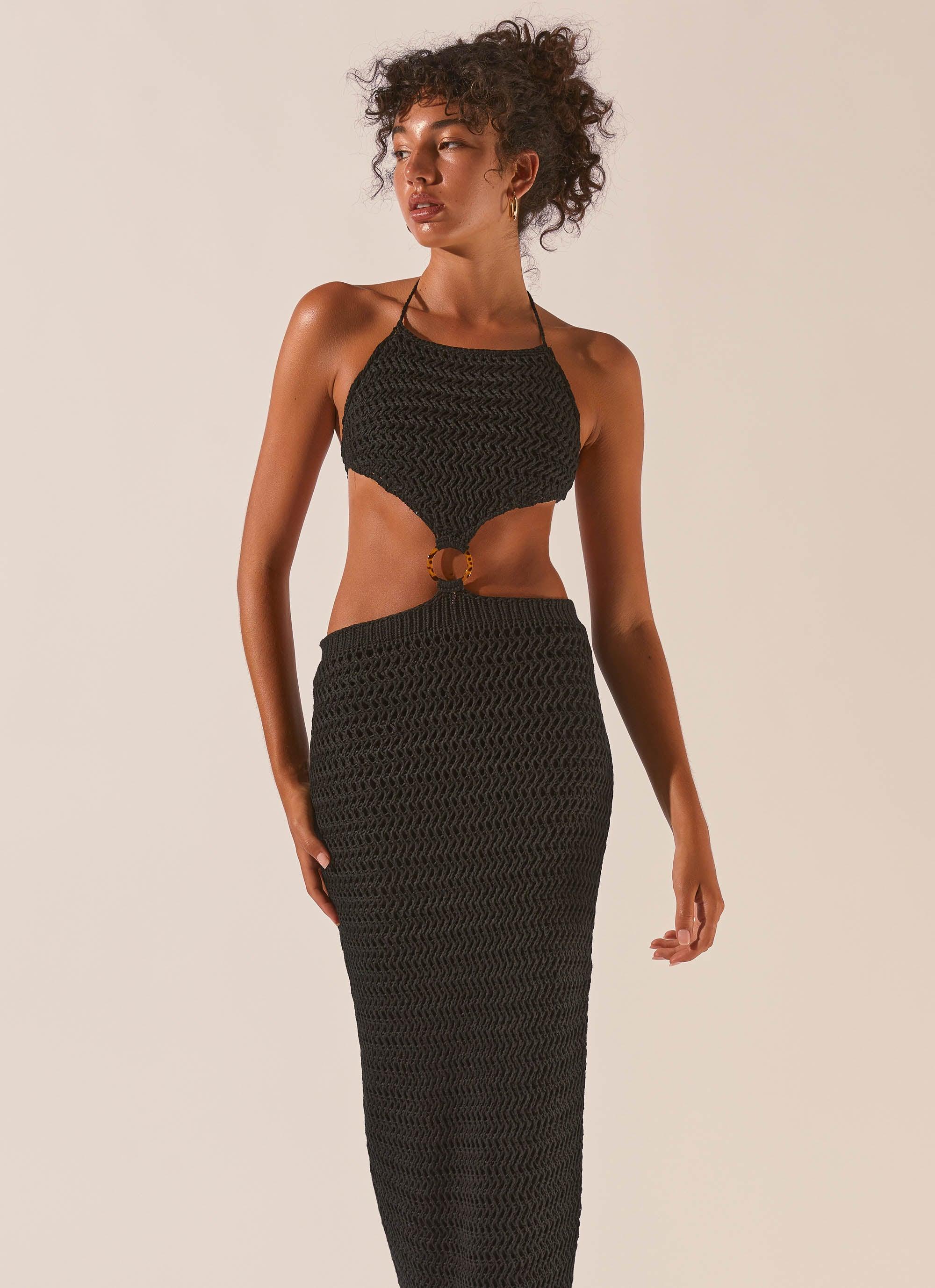 Afternoons In Majorca Crochet Maxi Dress – Black Sand