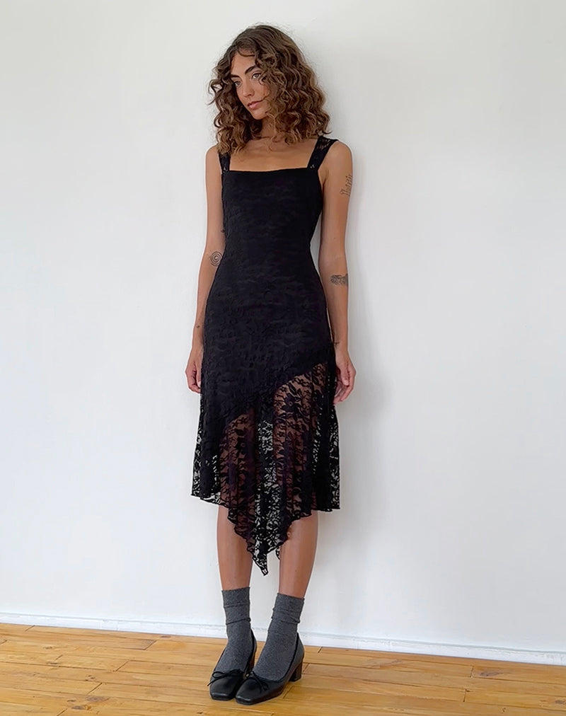 Adeliza Asymmetric Midi Dress in Floral Lace Jet Black