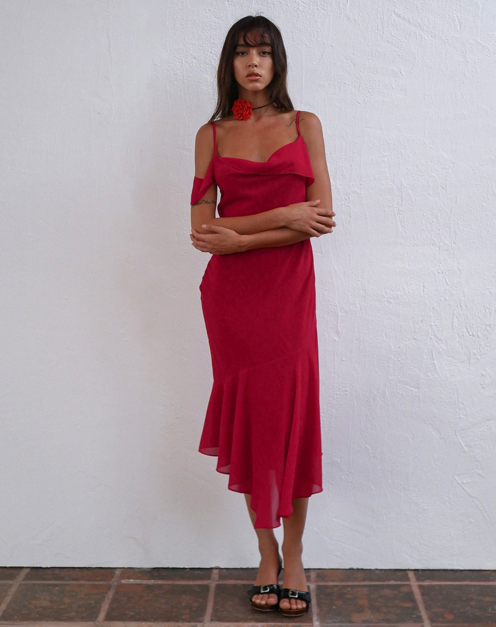 Dansya Midi Chiffon Dress in Red