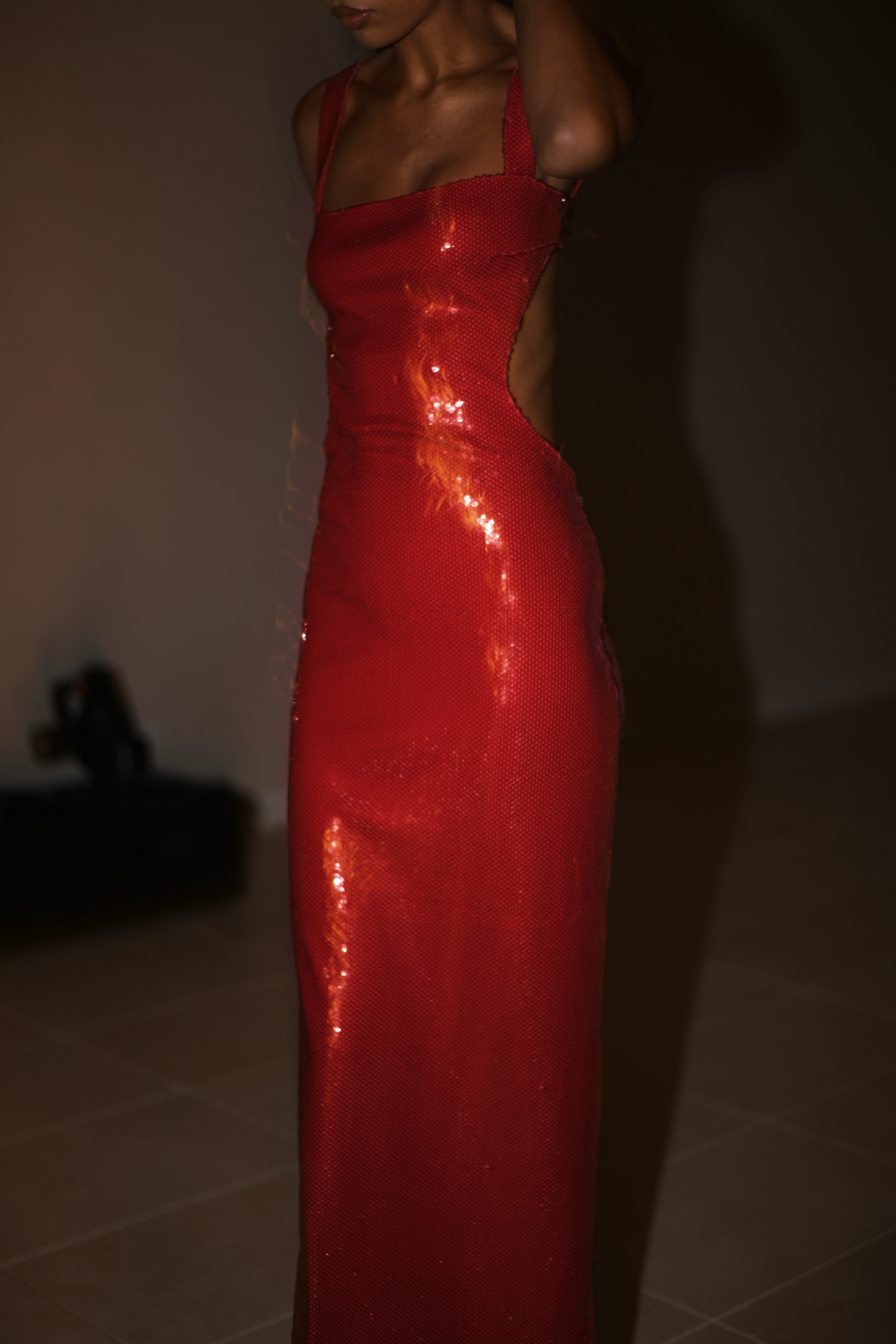 Adoria Sequin Cut Out Maxi Dress – Red