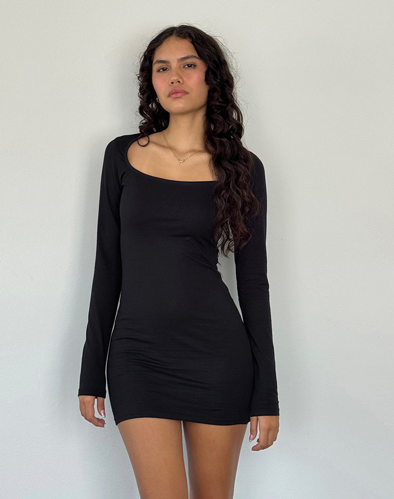 Janjisu Long Sleeve Lycra Bodycon Mini Dress in Black