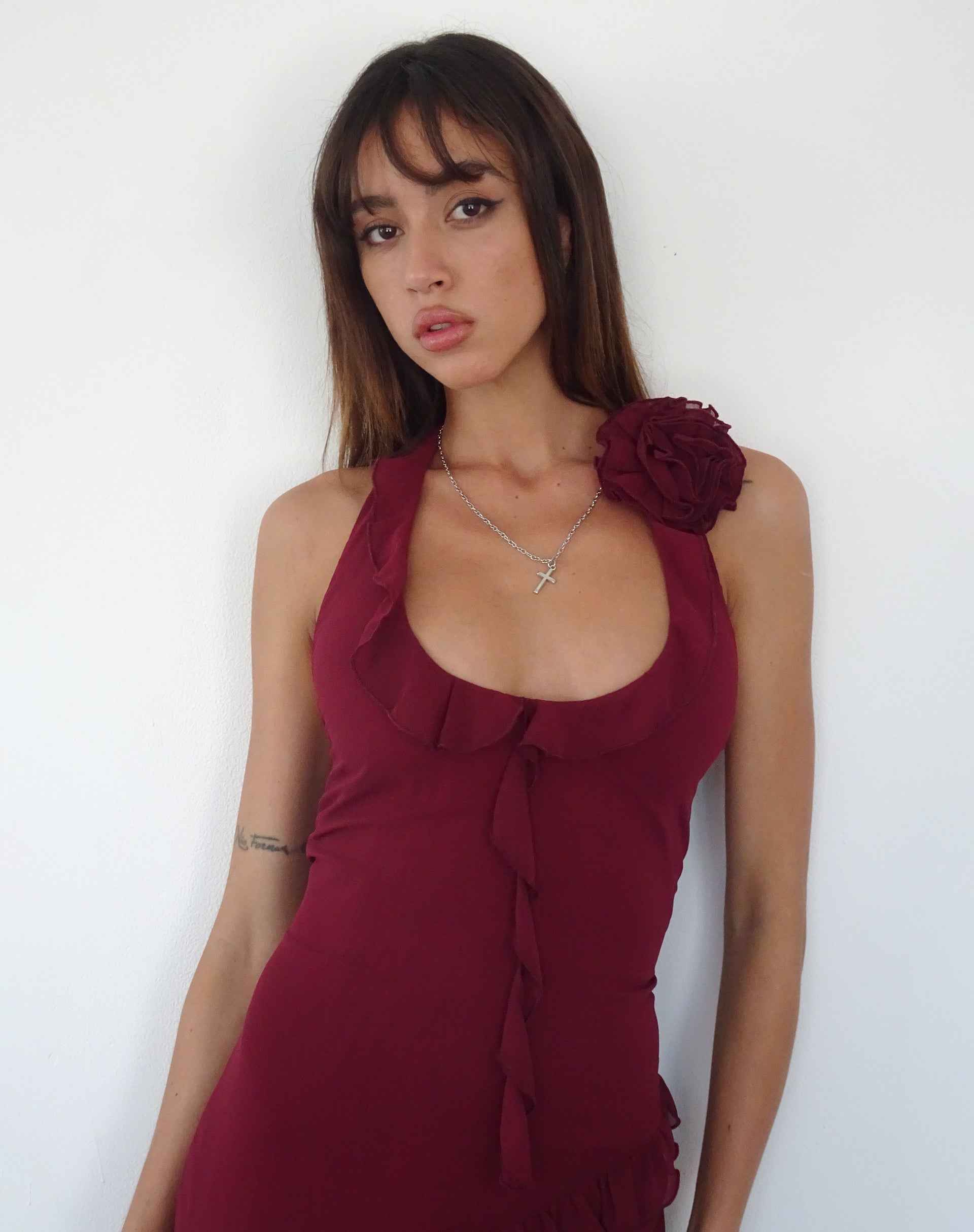 Margaret Ruffle Mini Dress in Plum Chiffon with Rosette