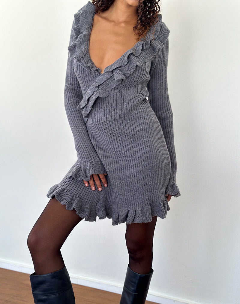 Marianna Long Sleeve Knitted Mini Dress in Dark Grey