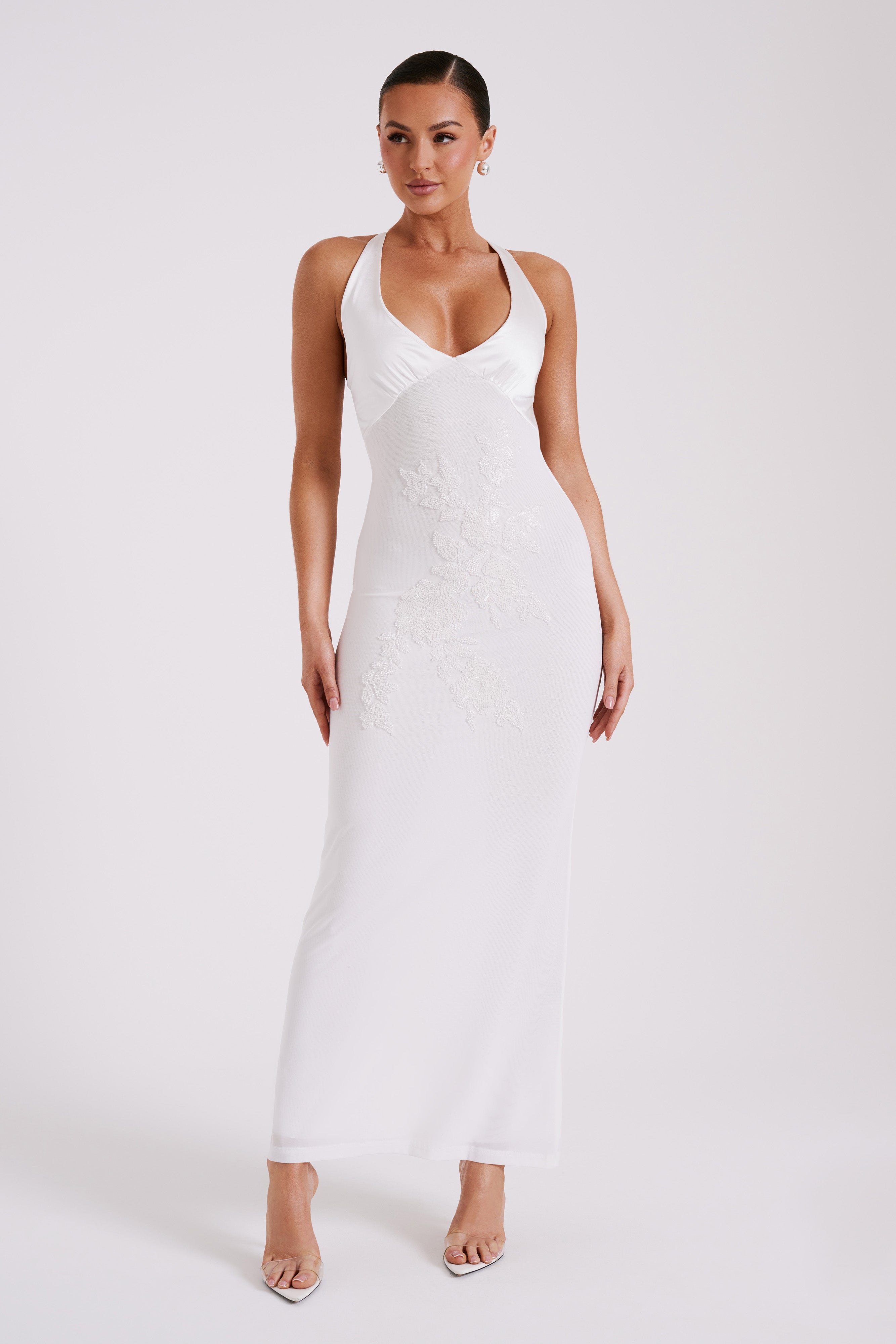 Maya Beaded Mesh Maxi Dress - White