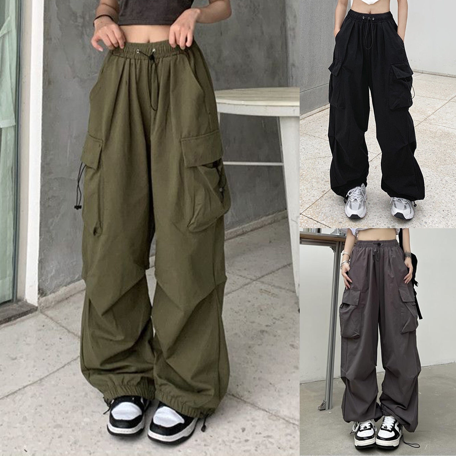 Fashion Casual Cargo Pants American Style Women Casual Cargo Trousers Elastic Waist Vintage with Pockets Solid Color Streetwear