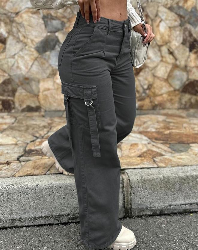 Green Cargo Pants Pocket Design High Waist Button Solid Color Pants 2023 Summer New Fashion Loose Women's Pants Streetwear