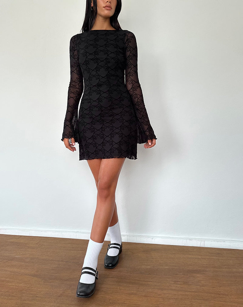 Sevila Long Sleeve Mini Dress in Black Queen of Heart Flock
