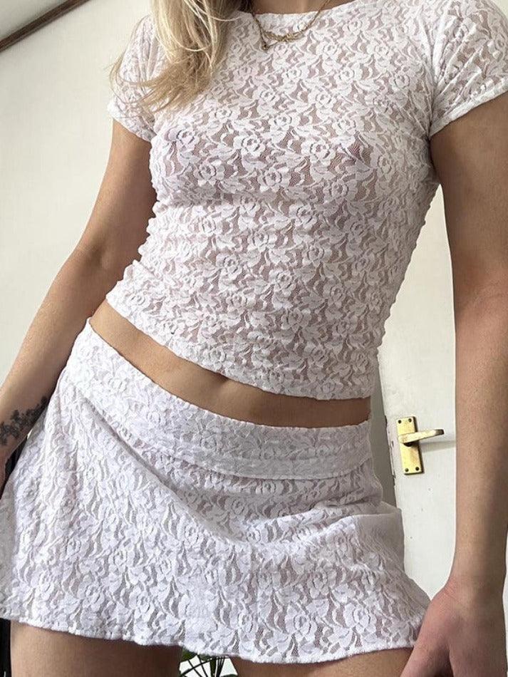 All Over Lace Print Short Sleeve Tee & Mini Skirt Set
