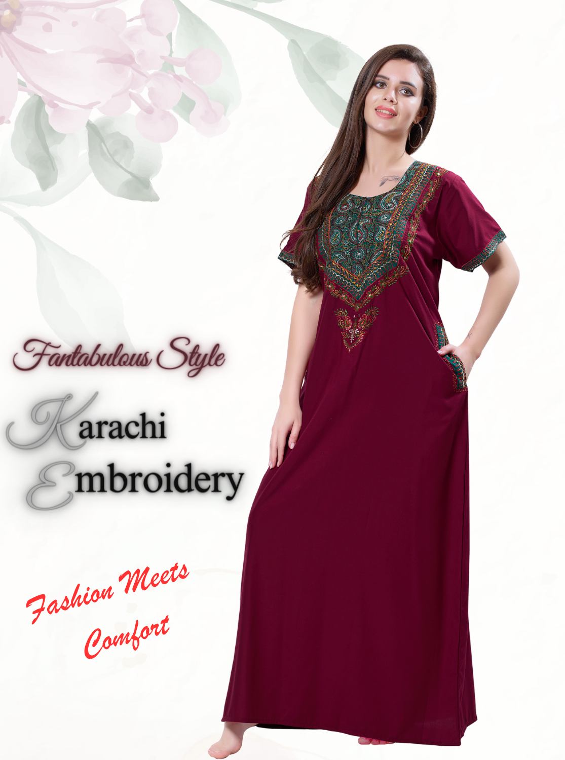 MANGAI Premium KARACHI Embroidery Nighties | Beautiful Embroidery Design's | Branded Quality | Half Sleeve | Regular Model | Stylish Nightdress for Women