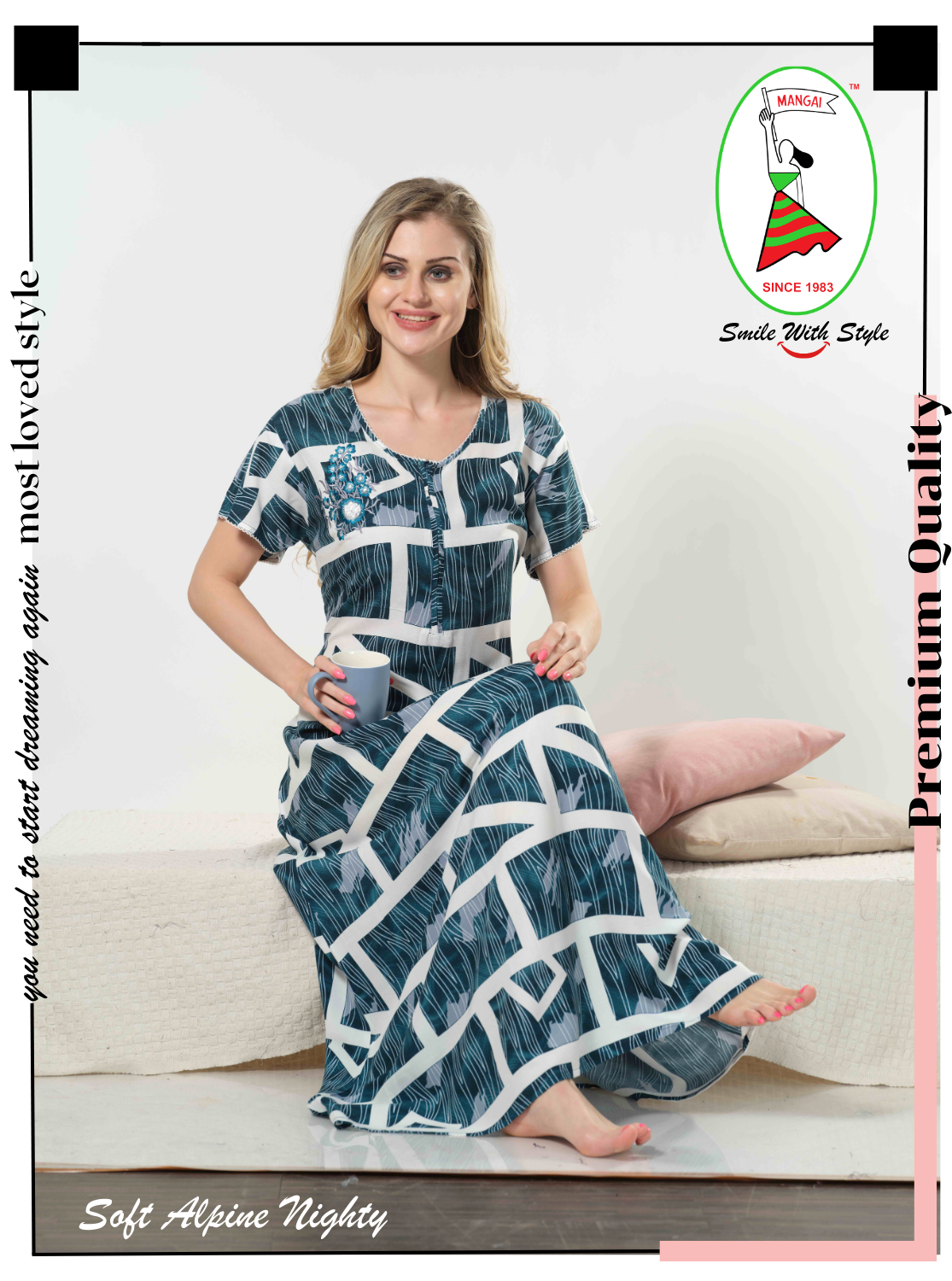 New Arrivals MANGAI Alpine Embroidery Model Nighties | Full Length | Stylish Printed Model Nighties | Side Pocket | Half Sleeve | Perfect Nightwear Collection's for Trendy Women's