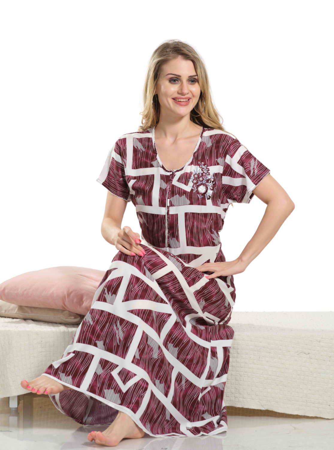 New Arrivals MANGAI Alpine Embroidery Model Nighties | Full Length | Stylish Printed Model Nighties | Side Pocket | Half Sleeve | Perfect Nightwear Collection's for Trendy Women's