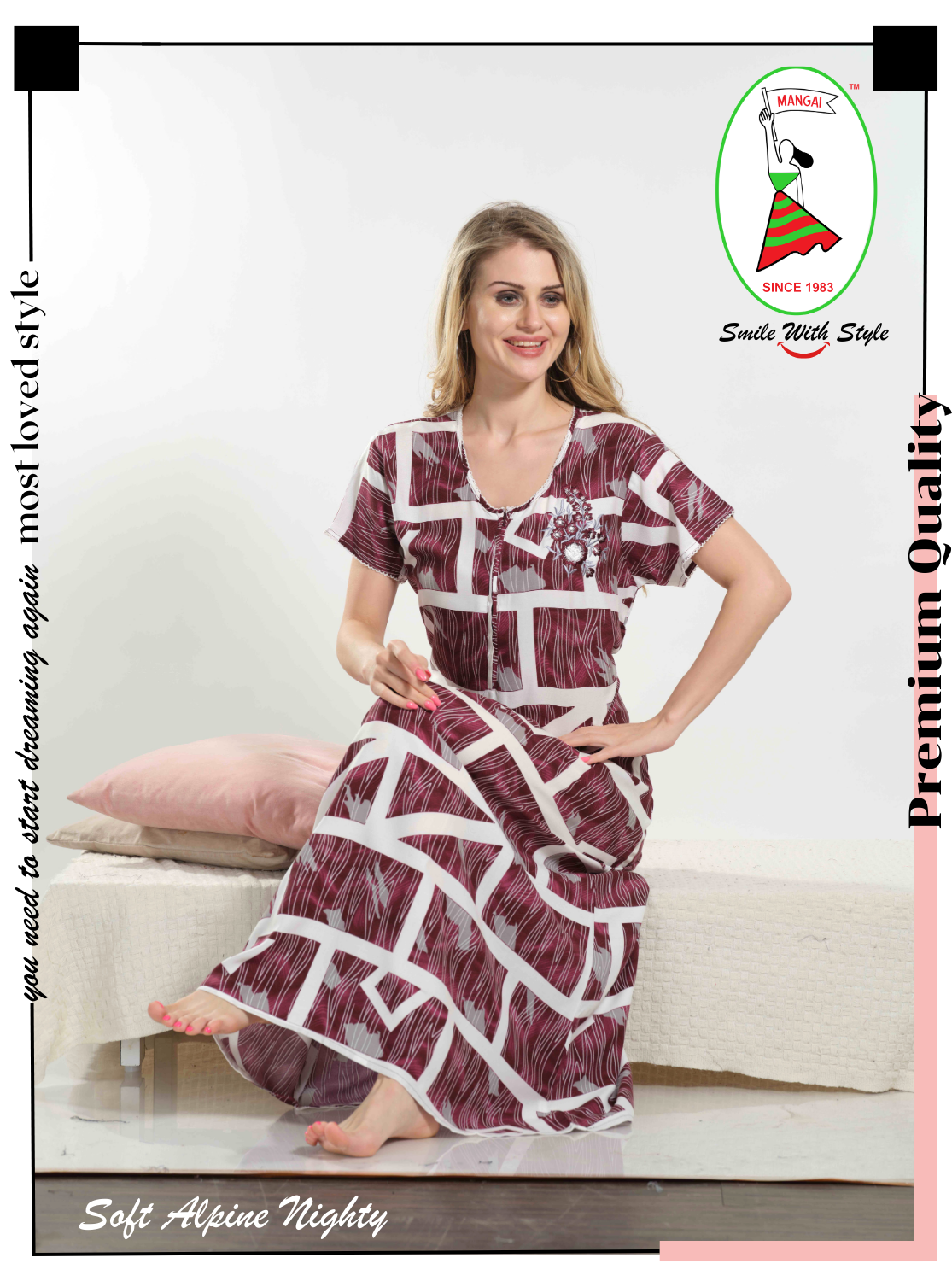 New Arrivals MANGAI Alpine Embroidery Model Nighties | Full Length | Stylish Printed Model Nighties | Side Pocket | Half Sleeve | Perfect Nightwear Collection's for Trendy Women's