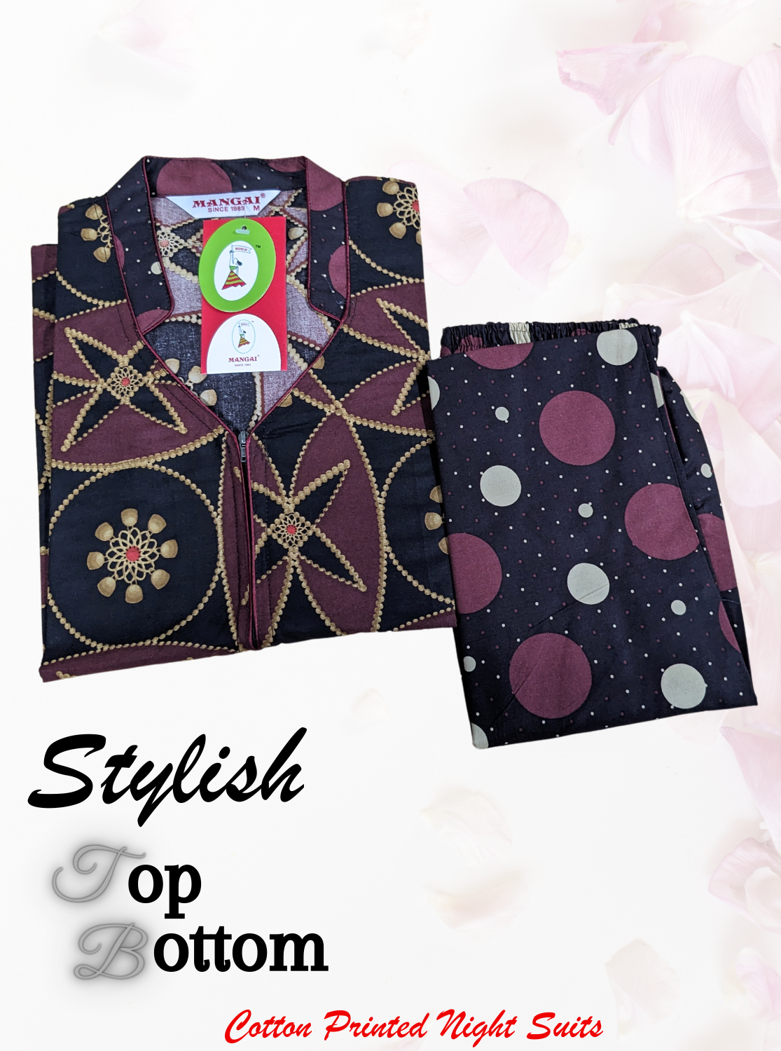 New Arrivals MANGAI Premium Cotton Printed Stylish Night Suits- Stylish Printed Top & Bottom Set for Trendy Women's