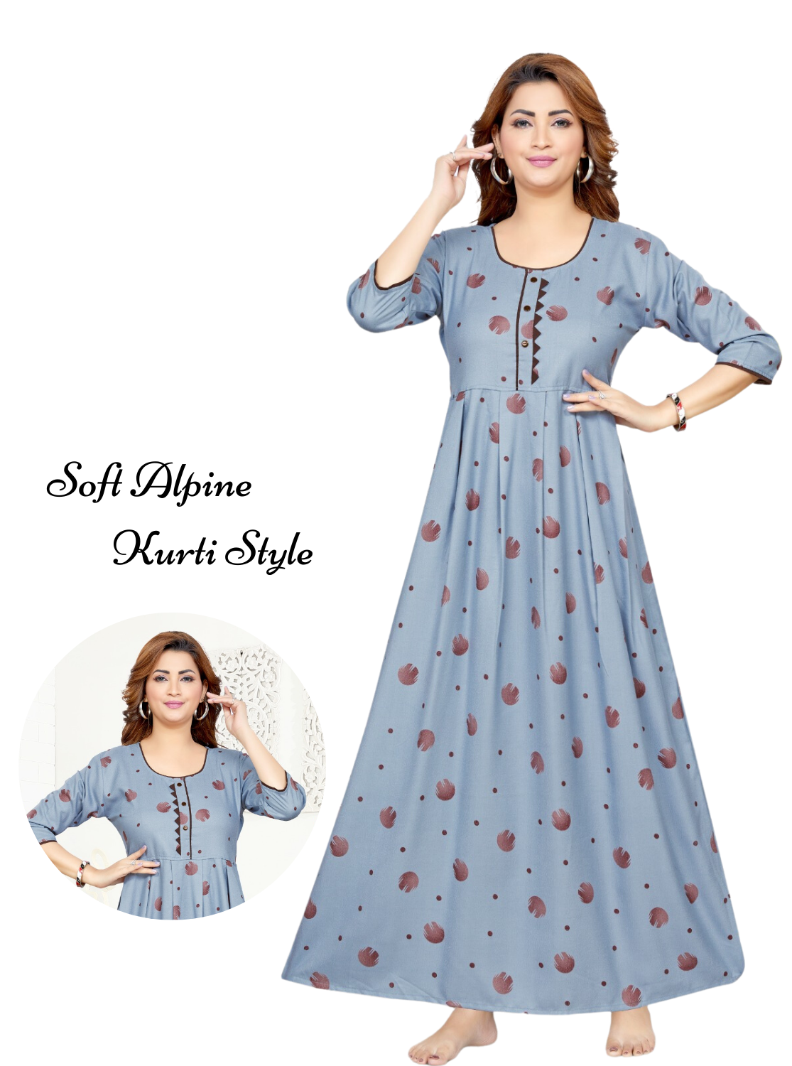 MANGAI Premium Alpine KURTI Style | Beautiful Stylish KURTI Model | Trendy Printed 3/4 Sleeve Night Wear