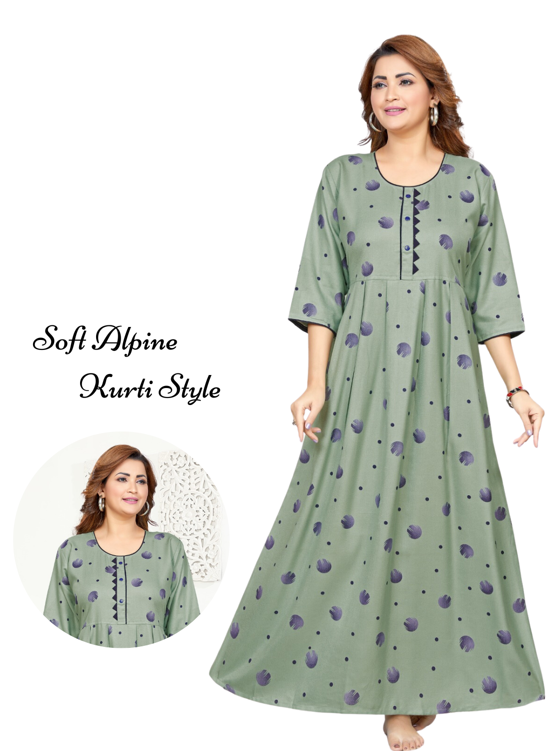 MANGAI Premium Alpine KURTI Style | Beautiful Stylish KURTI Model | Trendy Printed 3/4 Sleeve Night Wear