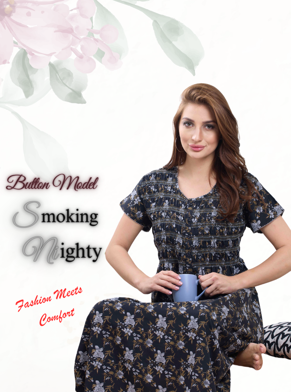 MANGAI Premium Soft Synthetic Smokey Nighty | Beautiful Pleated Design | Side Pocket | Button Type | Stylish Nighty for Stylish Women's