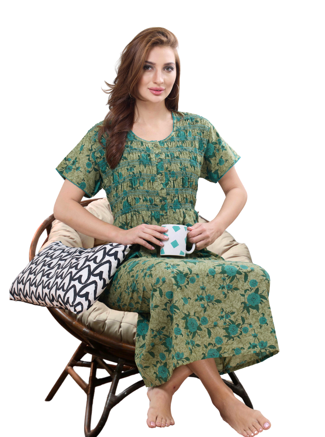 Fresh Arrivals MANGAI Soft SyntheticSmokey Nighty | Beautiful Pleated Design | Side Pocket | Button Type | Stylish Nighty for Stylish Women's