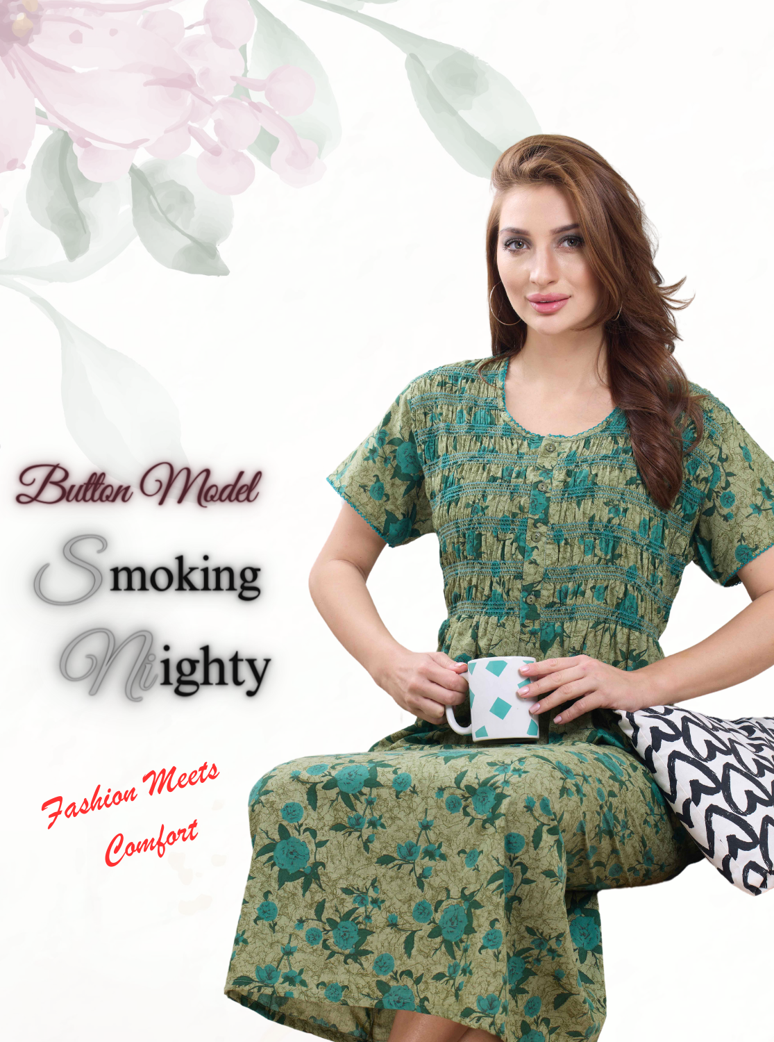 Fresh Arrivals MANGAI Soft SyntheticSmokey Nighty | Beautiful Pleated Design | Side Pocket | Button Type | Stylish Nighty for Stylish Women's