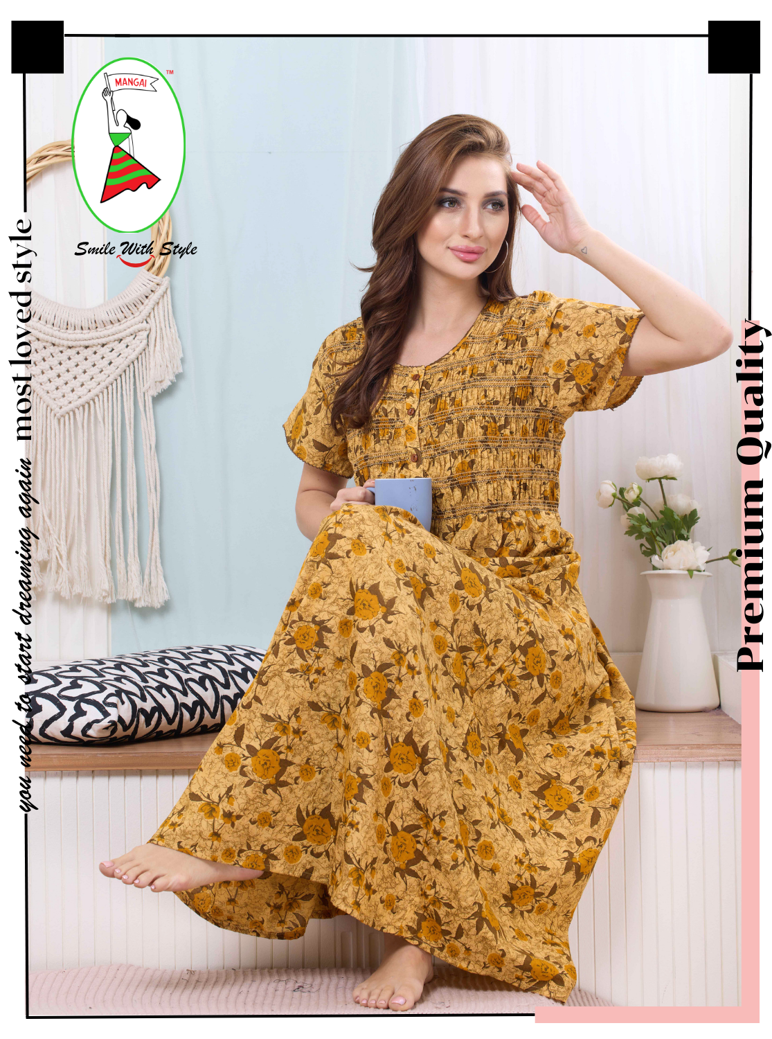 Fresh Arrivals MANGAI Soft SyntheticSmokey Nighty | Beautiful Pleated Design | Side Pocket | Button Type | Stylish Nighty for Stylish Women's