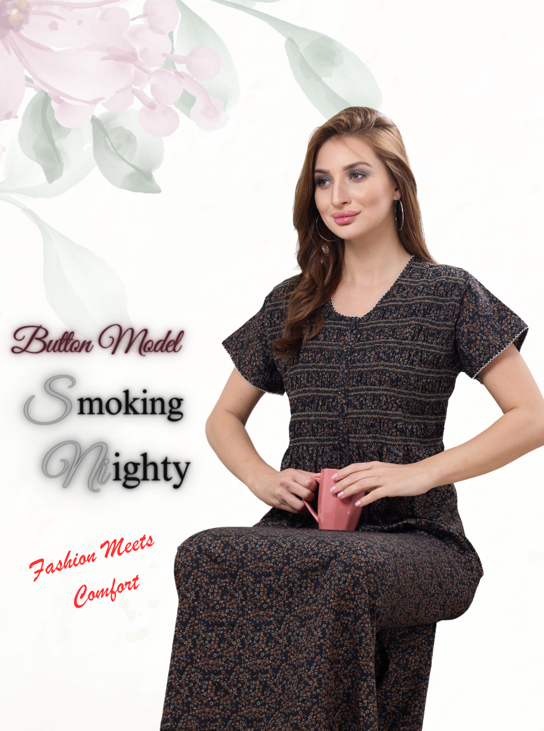 MANGAI New Synthetic Soft Smokey Nighty | Beautiful Pleated Design | Side Pocket | Button Type | Stylish Nighty for Stylish Women's