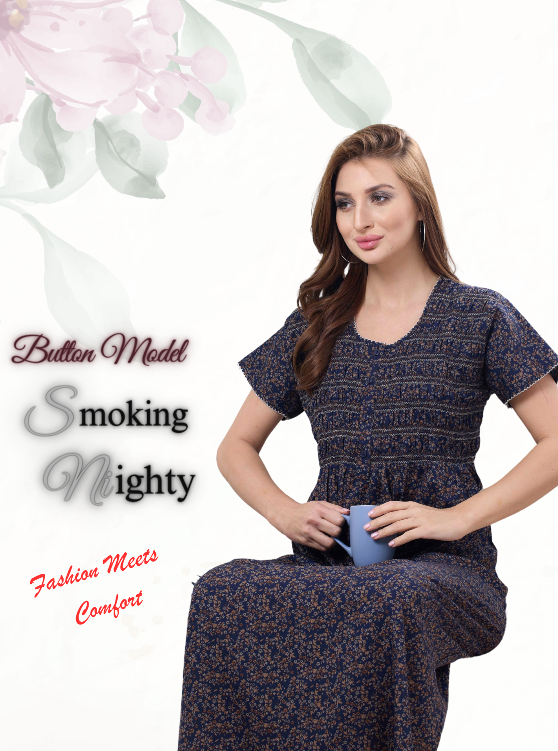 MANGAI New Synthetic Soft Smokey Nighty | Beautiful Pleated Design | Side Pocket | Button Type | Stylish Nighty for Stylish Women's