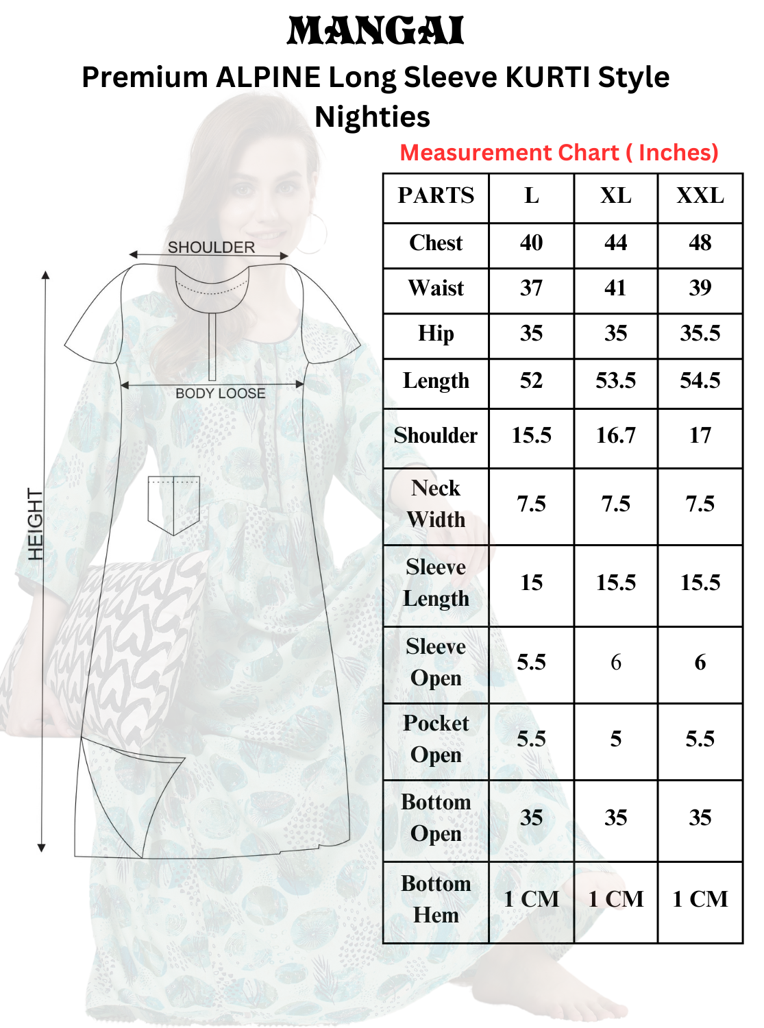 MANGAI Premium Alpine KURTI Style 3/4 Sleeve| Beautiful Stylish KURTI Model | Side Pocket | Perfect Nightwear Collection's for Trendy Women's