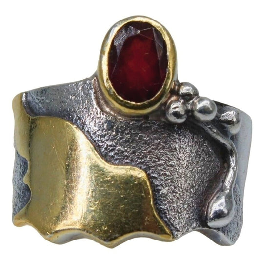 Garnet Gemstone Art Ring Sterling Silver Gold Accent sz 6