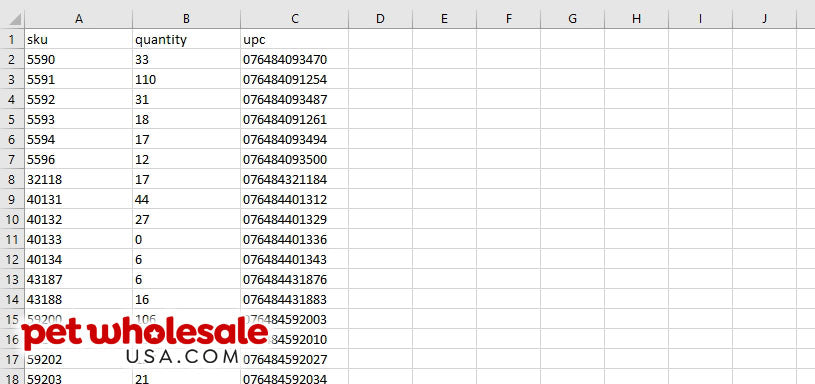 PetWholesaleUSA Product Inventory File Example