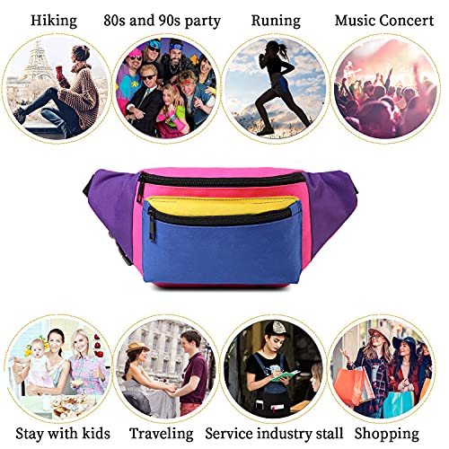 Weewooday 7 Pieces Neon Fanny Pack 80s Party Waist Bag Adjustable Waist 2  Zipper Travel Running Fanny Pack for Rave Party Women