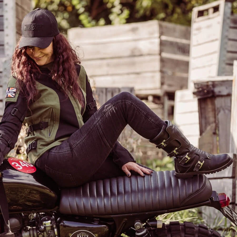 A photograph showing the skin-hugging contouring nature of womens  motorcycle leggings aka leggings made with Kevlar reinforcements for  abrasion protection combined with thin limb armor - Motorcycle Gear Hub