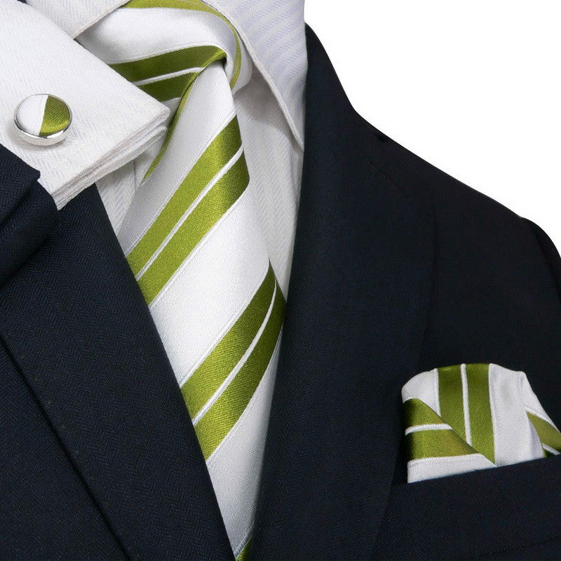 Lime Green and White Striped Silk Tie Set JPM1897M | Toramon Necktie ...