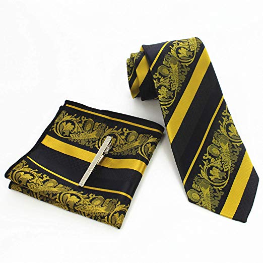 Yellow and Black Striped Paisley Necktie Set MGN276 | Toramon Necktie ...
