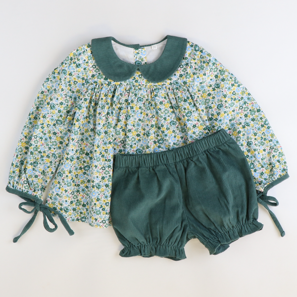 Sage Green Corduroy & Floral Top & Bloomer Set - Southern Smocked Co.