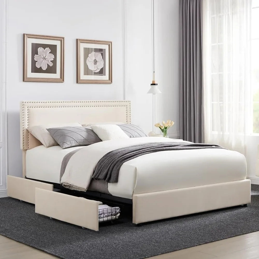 Bedroom furniture, large upholstered platform, bed frame platform with 4 storage drawers