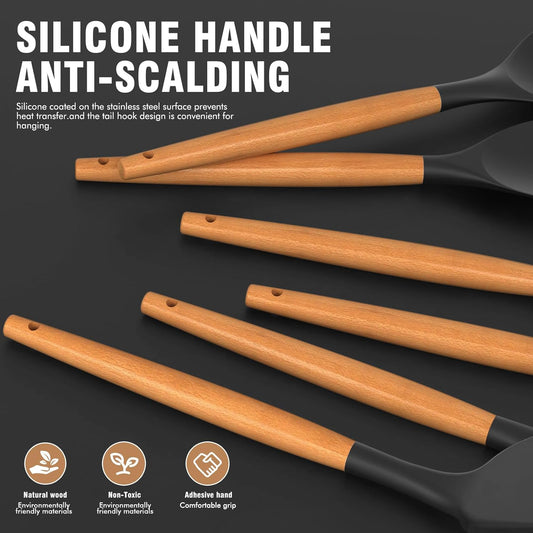 SKYTONE 12 Piece Silicone Spatula Set, Heat Resistant Non-Stick Cooking Bakeware with Wooden Handles, Silicone Cooking Utensils, Kitchen Gadgets Serving Utensils