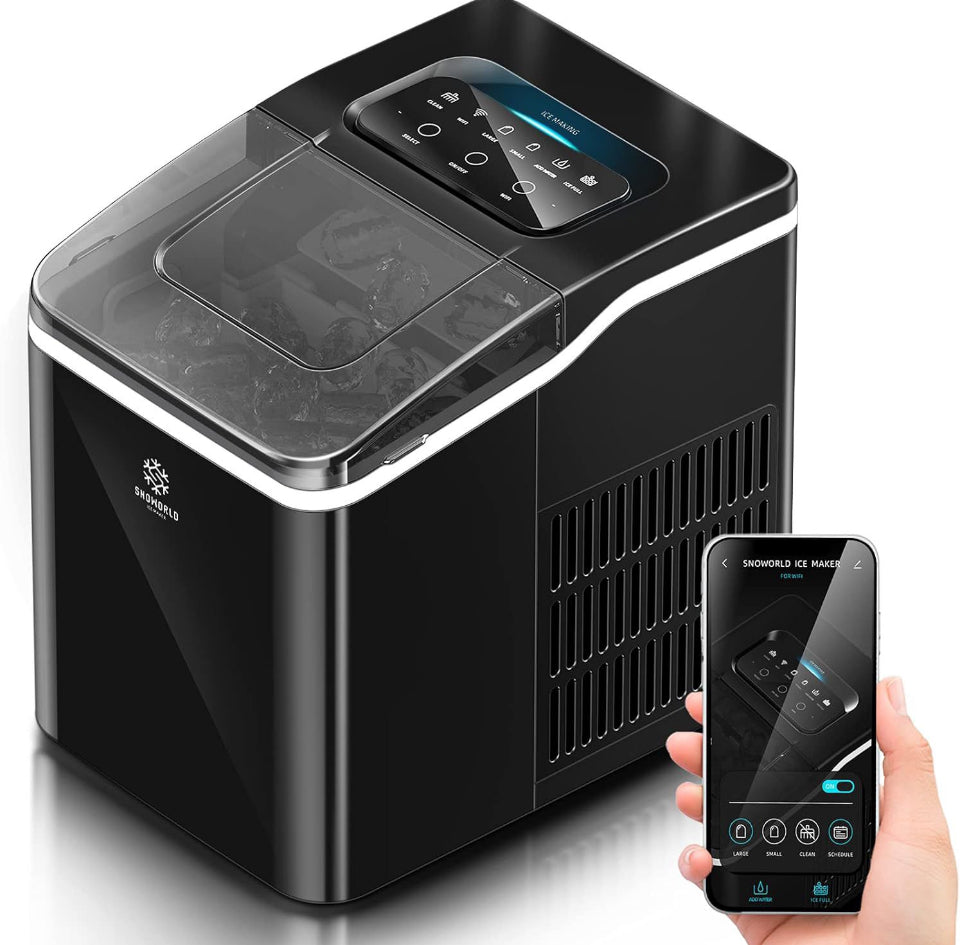 Snoworld Ice Maker Machine Countertop, with App Remote Control and Self-Cleaning Function, 9 Bullet Ice Cubes Ready in 8 Minutes, 26lbs Ice Cubes in 2