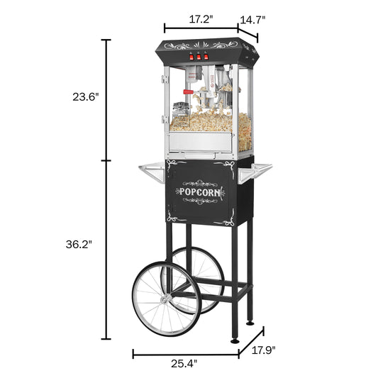 Corn rush popcorn machine with 3 candy dispenser & cart, 8oz - black