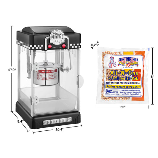 Great Northern 4 oz. Black Foundation Countertop Popcorn Machine- 1.25 gal. Popcorn Popper and 12 All-in-One Popcorn Packs