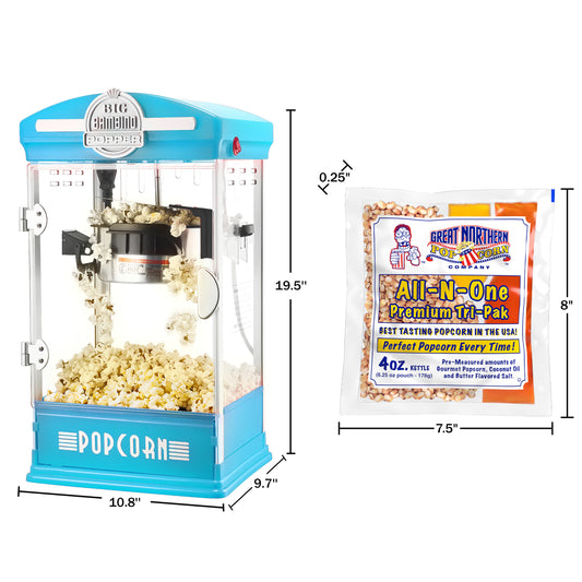 Great Northern 4 oz. Black Foundation Countertop Popcorn Machine- 1.25 gal. Popcorn Popper and 12 All-in-One Popcorn Packs