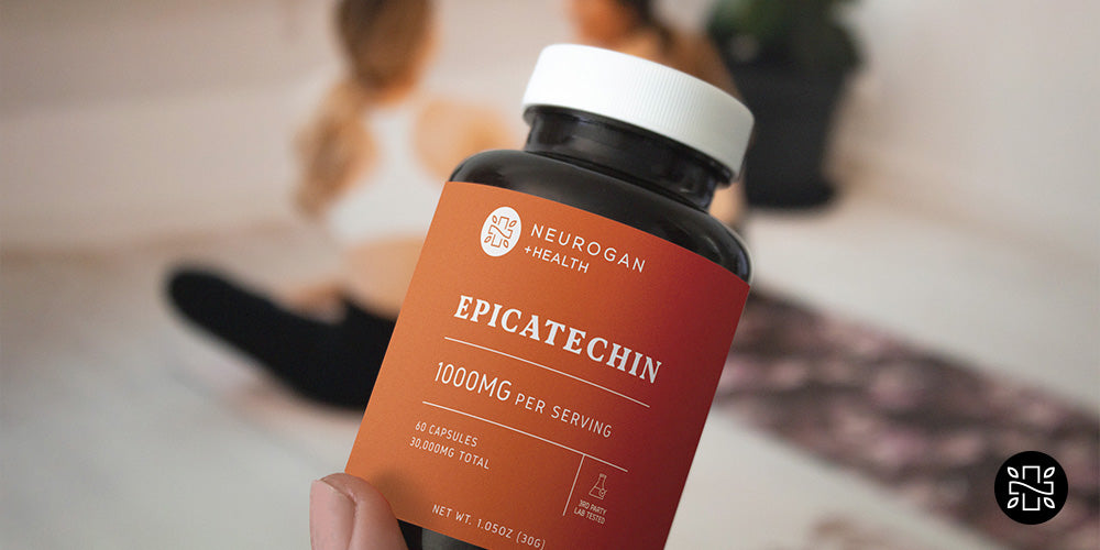 A Neurogan Health Epicatechin Bottle with women doing yoga on the background