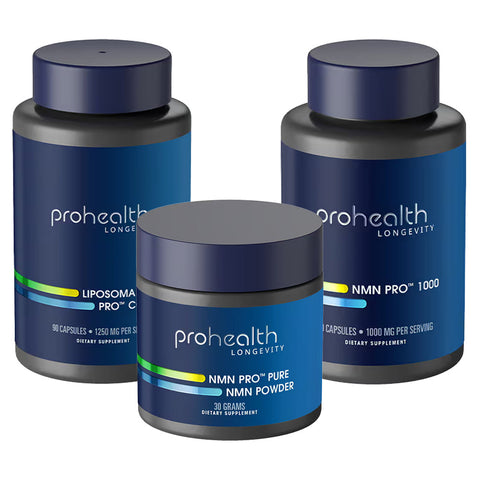 3 bottles of ProHealth NMN Supplements: Powder, Capsules and Liposomal Capsules