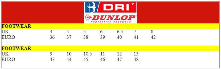 B-Dri Dunlop Size Chart