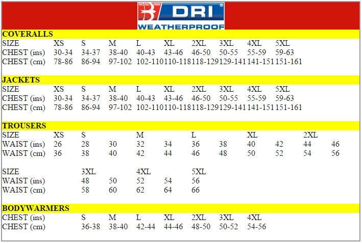 BdriWeatherproof Size Chart Active-Workwear