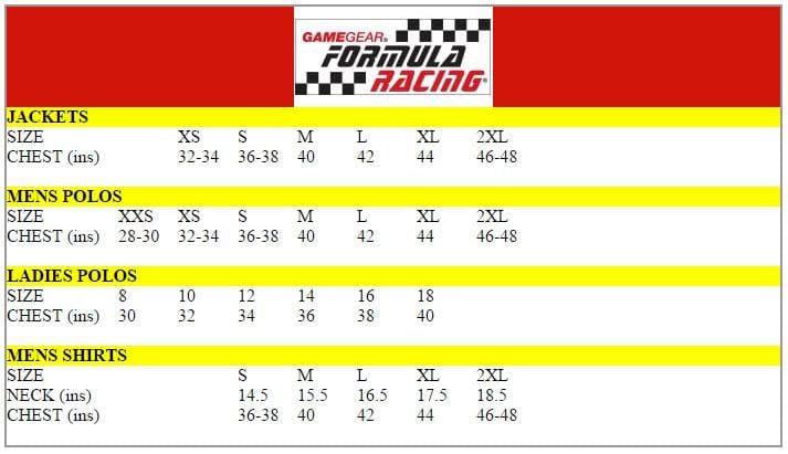 Formula Racing Size Chart