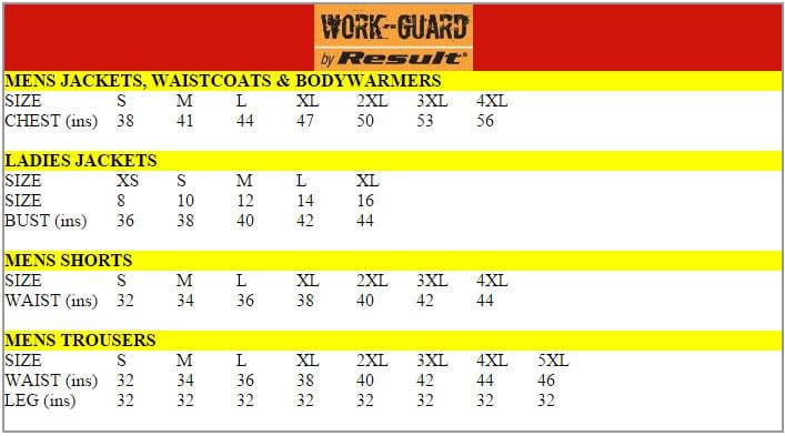 Result Workguard Size Chart