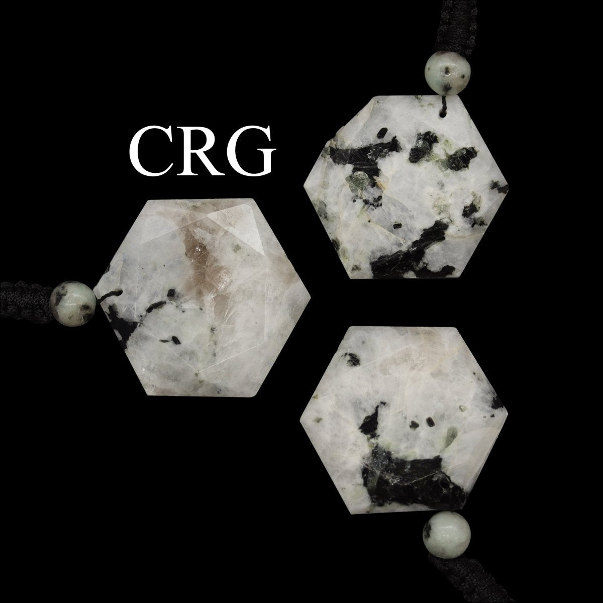 SET OF 4 - Rainbow Moonstone Faceted Hexagon Pendant with Black Cord / 1" AVG